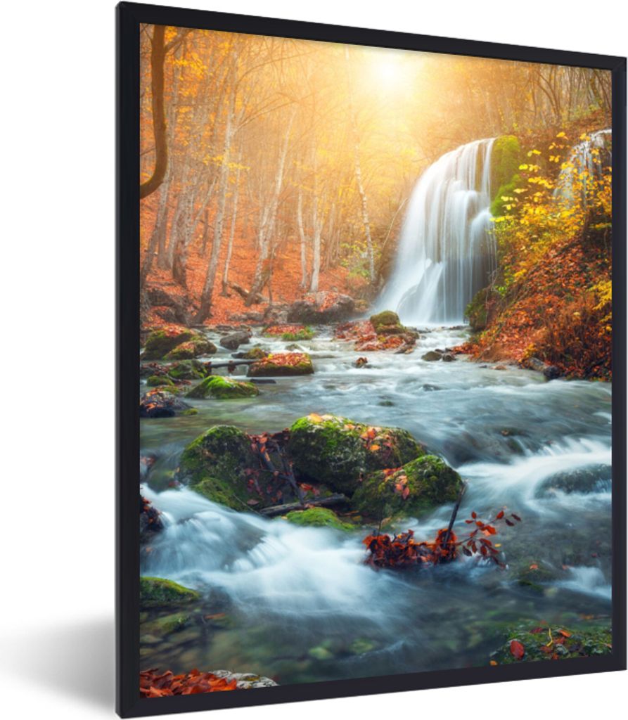 MuchoWow Gerahmtes Poster Wasserfall - Sonne - Herbst 60x80 cm - Poster mit Schwarzem Bilderrahmen Wandposter Rahmen Foto Bilder - Premium - Wand...