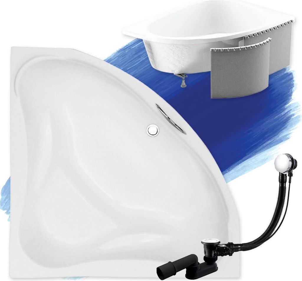 BADLAND Eckbadewanne Badewanne Ewa 134x134 mit Ablaufgarnitur, Füßen und Styroporverkleidung GRATIS