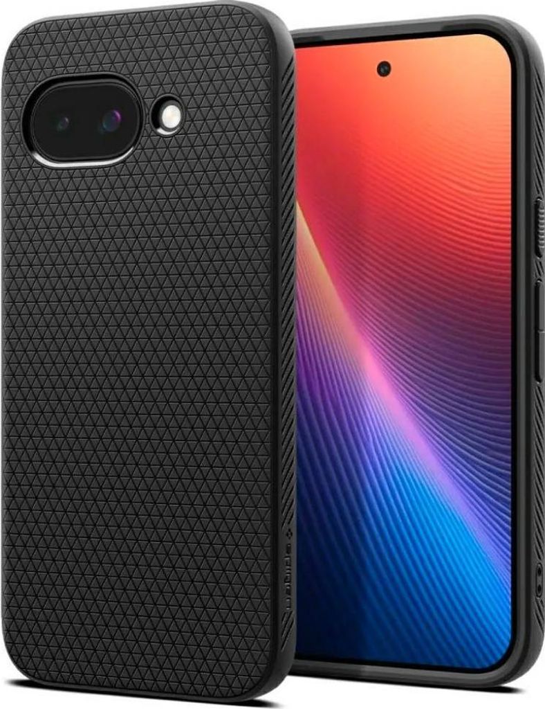 A black phone case is shown next to a smartphone with a colorful screen.