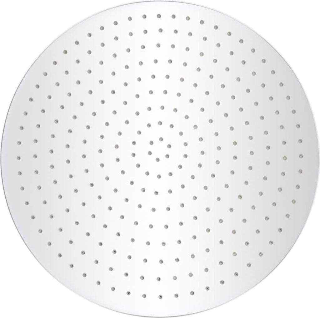 A close-up, top-down view of a round shower head with many small holes.