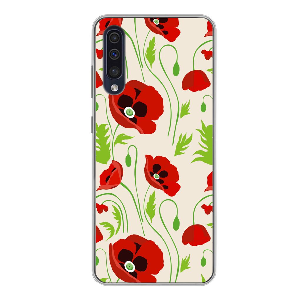 MuchoWow Handyhülle Schutzhülle Hülle für Samsung Galaxy A50 Blumen - Mohn - Muster Silikon Softcase Handy Hülle - Mobiltelefonhülle