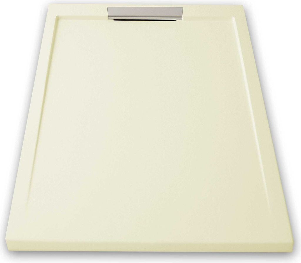 Mineralguss-Duschwanne extra flach LUX Schieferoptik beige 90x140cm Edelstahl in chrom Ablaufschutz in Chrom