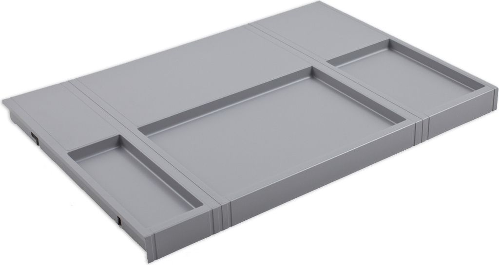 A gray plastic tray with multiple compartments, shown from a slightly elevated angle on a white background.
