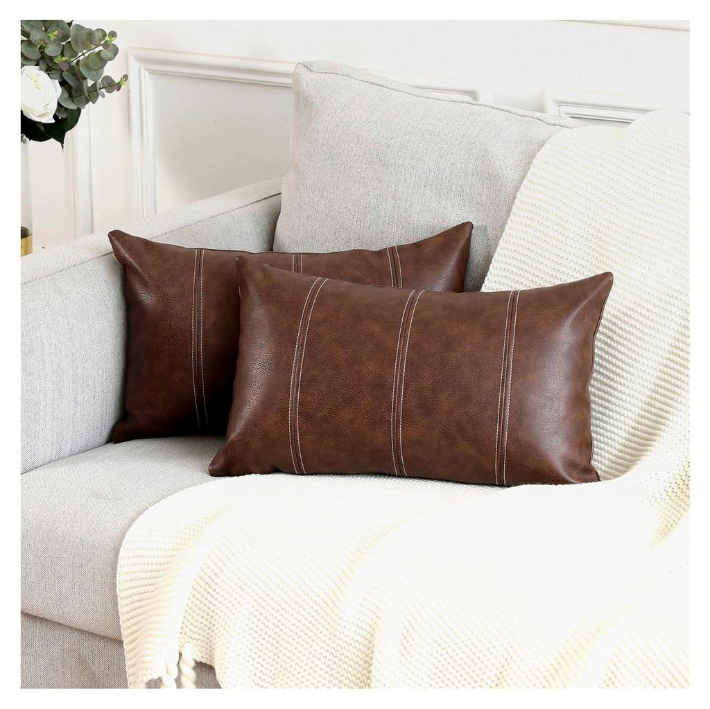 2er Set Dunkelbraun Boho Gestreifte Kunstleder Kissenbezüge 30x50 cm Moderne Luxusdekoration für Wohnzimmer und Schlafzimmer