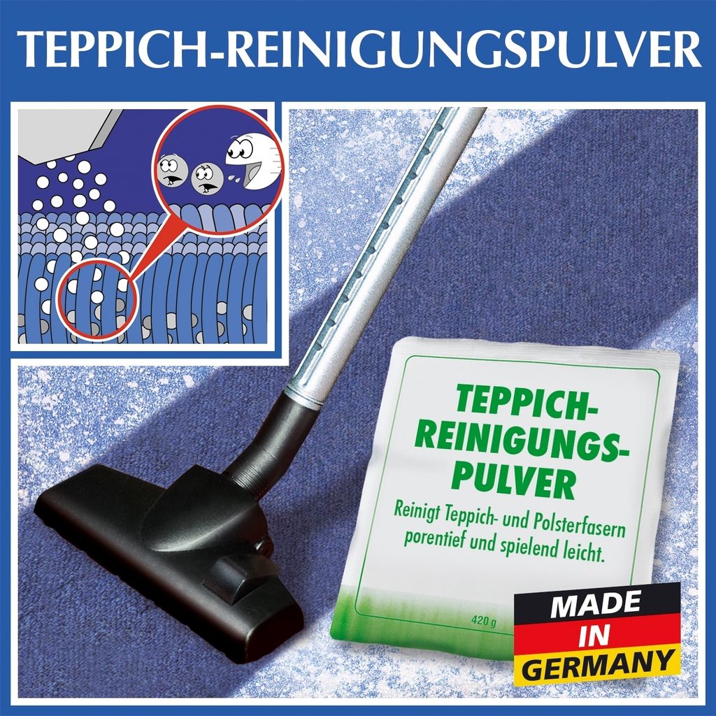 A vacuum cleaner nozzle and a packet of carpet cleaning powder are shown on a carpet.