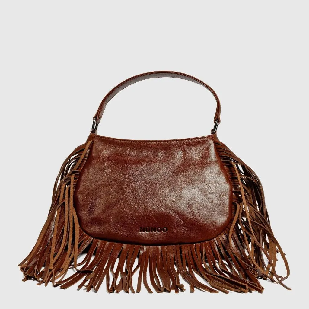 Sac à franges marron Nunoo Betty en cuir véritable texturé
