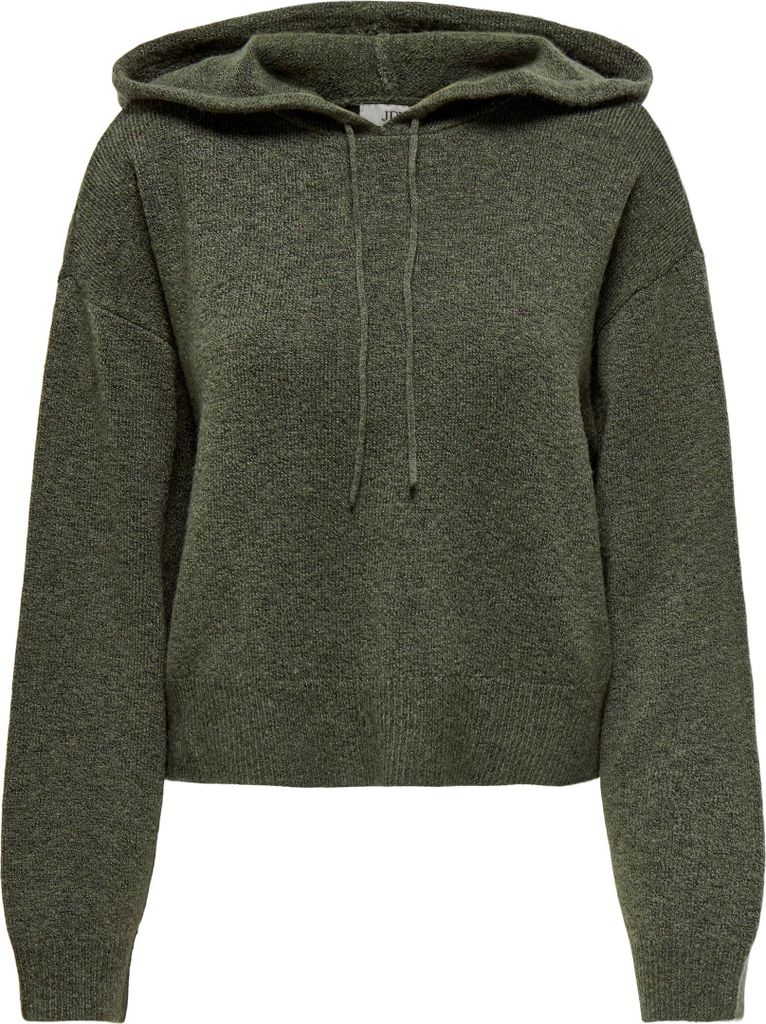 A green knitted hoodie is shown against a white background.