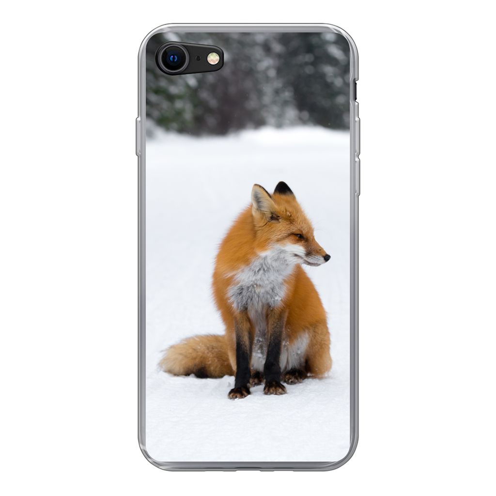 MuchoWow Handyhülle Schutzhülle Hülle für iPhone SE 2020 Fuchs - Schnee - Winter Silikon Softcase Handy Hülle - Kartenbesitzer