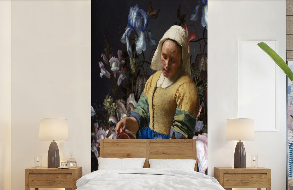 MuchoWow Fototapete für Wohnzimmer oder Schlafzimmer Wandtapete Vinyl Motivtapete Milchmädchen - Blumen - Regenbogen - 120x240 cm - Hintergrund...