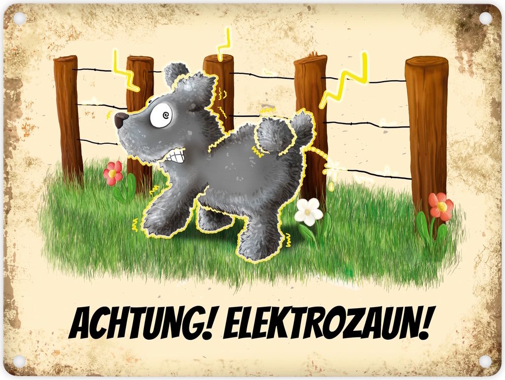 Metallschild mit elektrisierendem Motiv und Spruch: Achtung! Elektrozaun!