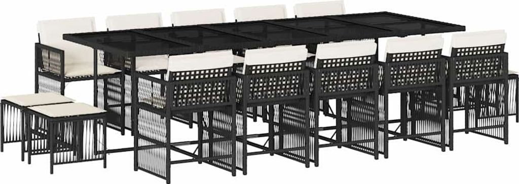 vidaXL 15-tlg. Garten-Essgruppe mit Kissen Schwarz Poly Rattan