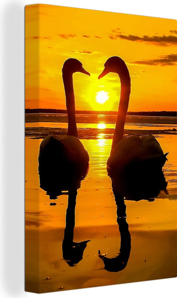 OneMillionCanvasses - Leinwandbilder - 90x140 cm, Schwäne - Sonnenuntergang - Vogel - Orange - Wasser, Wandbilder Kunstdruck Wanddekoration - Fo...