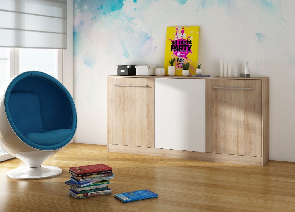 Wandbett Horizontal Schrankbett ROGER 90x200 cm Wandklappbett, Schrankklappbett, Schrank mit integriertem Klappbett, Funktionsbett (SONOMA EICHE / ...