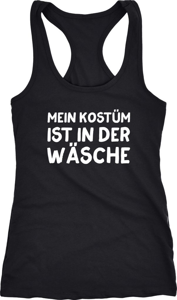 Damen Tanktop Mein Kostüm ist in der Wäsche Spruch Fasching Karneval lustig Racerback Moonworks schwarz S