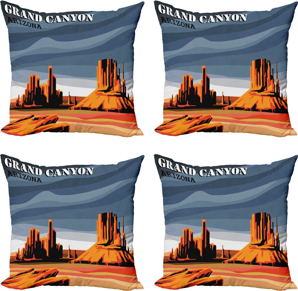 ABAKUHAUS Schlucht Kissenbezug Set (4 Stück), Cartoon Grand Canyon, Moderner Doppelseitiger Digitaldruck, 50 cm x 50 cm, blau orange
