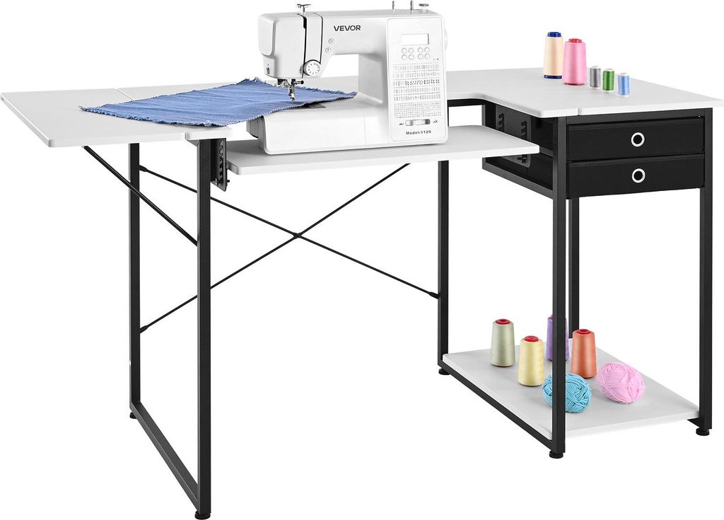 VEVOR Nähtisch Nähmaschinentisch mit klappbarer Tischplatte & verstellbarer Ablage & Stahlbeinen & Schublade, Mehrzwecktisch Computertisch für Z...