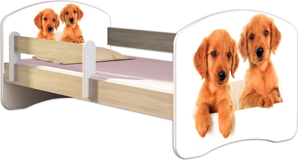 ACMA Jugendbett Kinderbett Junior-Bett Komplett-Set mit Matratze Lattenrost und Rausfallschutz Sonoma 39 Welpen 160x80