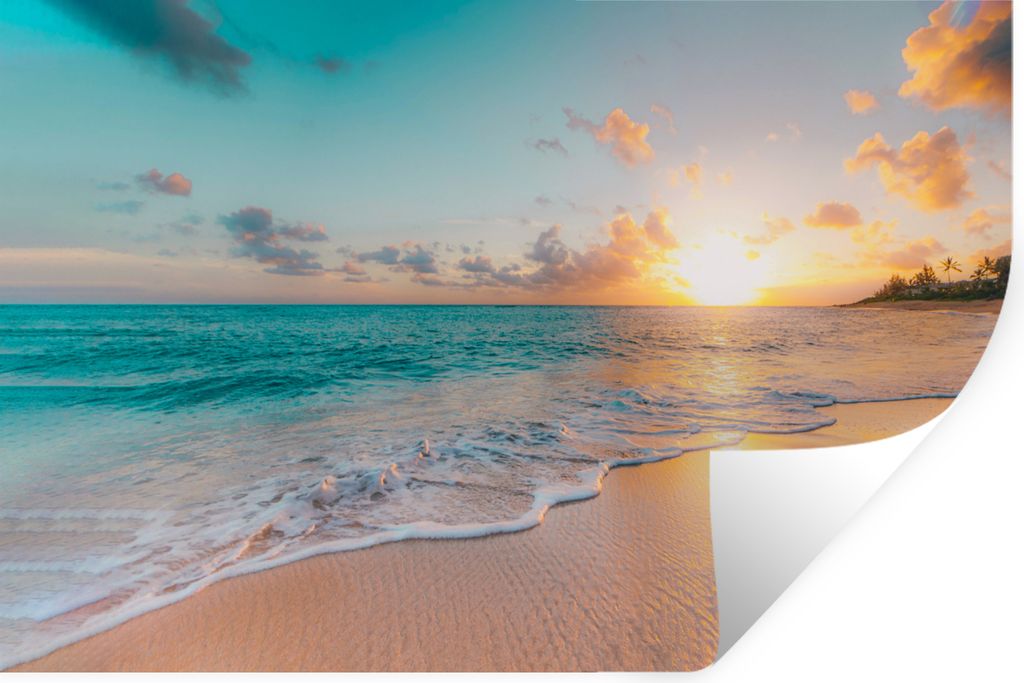 MuchoWow Wandtattoo Wandsticker Wandaufkleber Sonnenuntergang - Strand - Meer - Sommer - Blau 90x60 cm Selbstklebend und Repositionierbar - Aufkl...