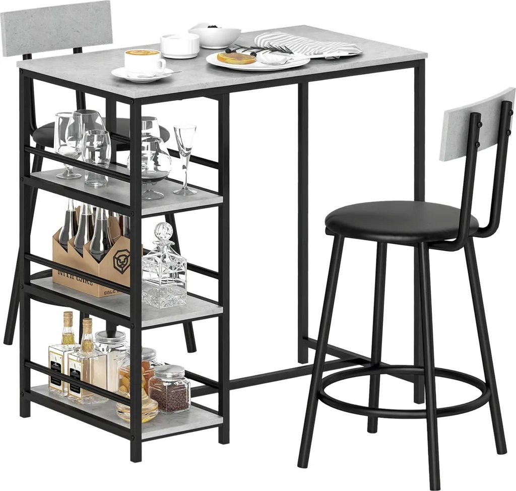 Table haute de bar industrielle, 2 tabourets et étagères de côté - Gris/Noir