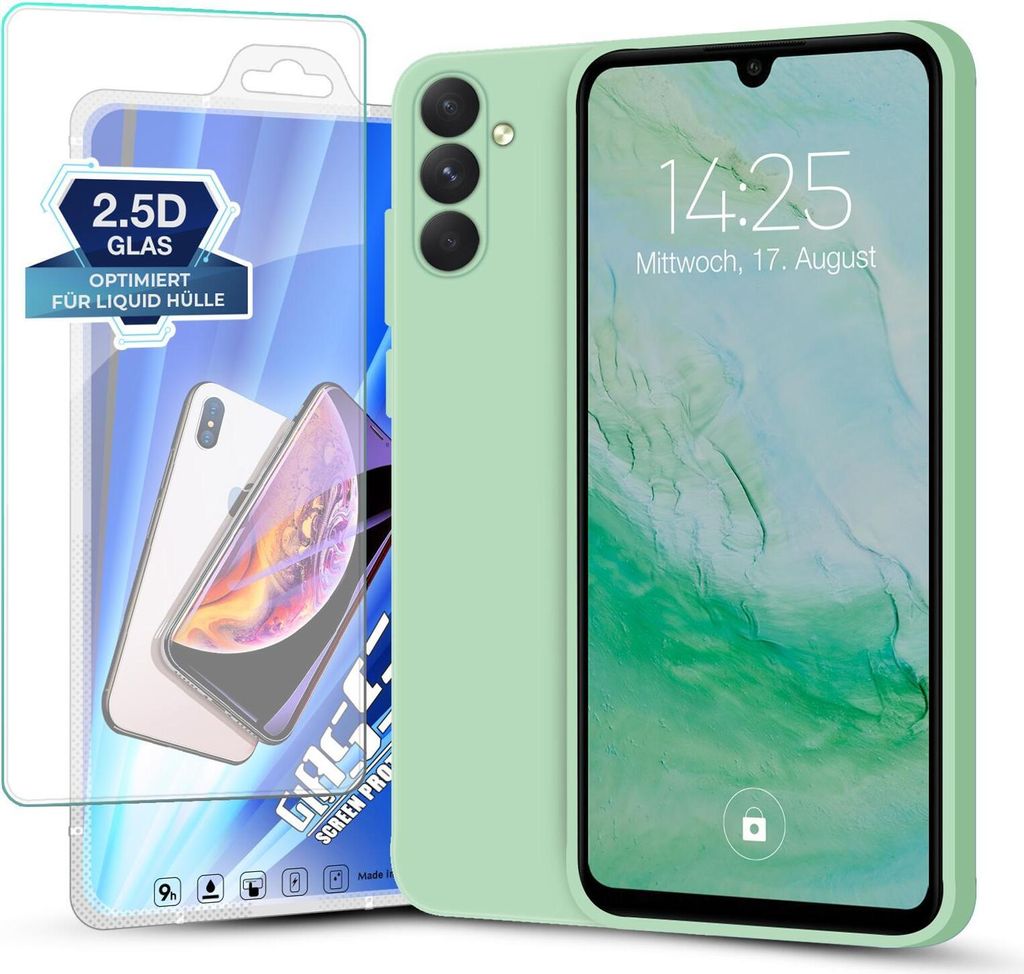 A smartphone with a protective case and screen protector.