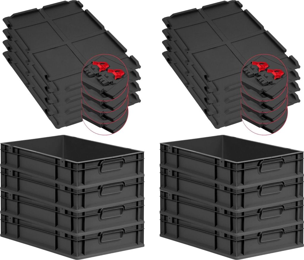 SuperSparSet 8x Eurobox NextGen Grip mit Scharnierdeckel und roten Schiebeschnappverschlüssen | HxBxT 12x40x60cm | 23 Liter | Schwarz | Griffe ges...