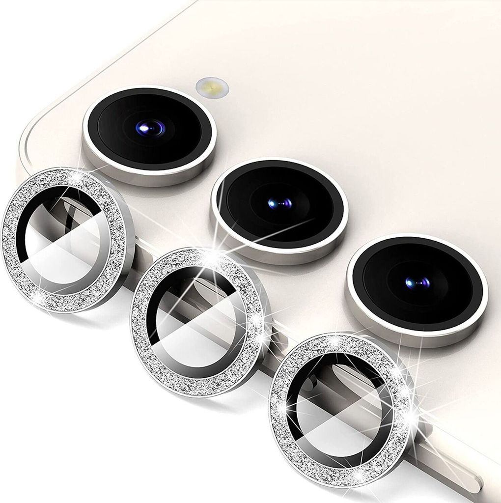 Für Samsung Galaxy S25 Aluminium Glitzer Ring Kamera + H9 Tempered Hart Glas Silber