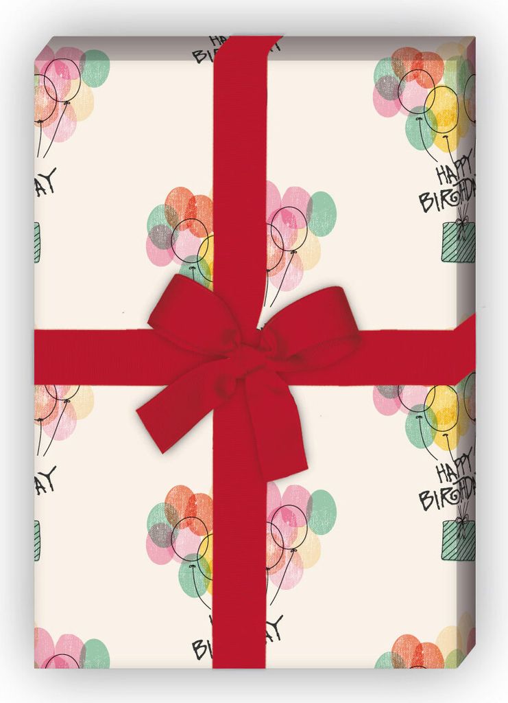 Geburtstags Geschenkpapier mit bunte Happy Birthday Ballons in beige - G6354, 32 x 48cm