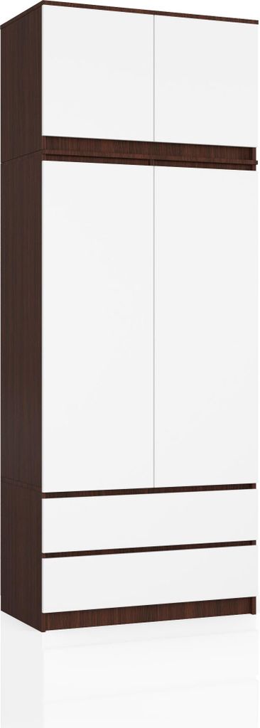 Kleiderschrank – Schlafzimmerschrank mit Kleiderstange – Dunkelbraun / Weiß – 90 cm – Erweiterbarer Drehtürenschrank mit Aufsatz und 2 Sc...