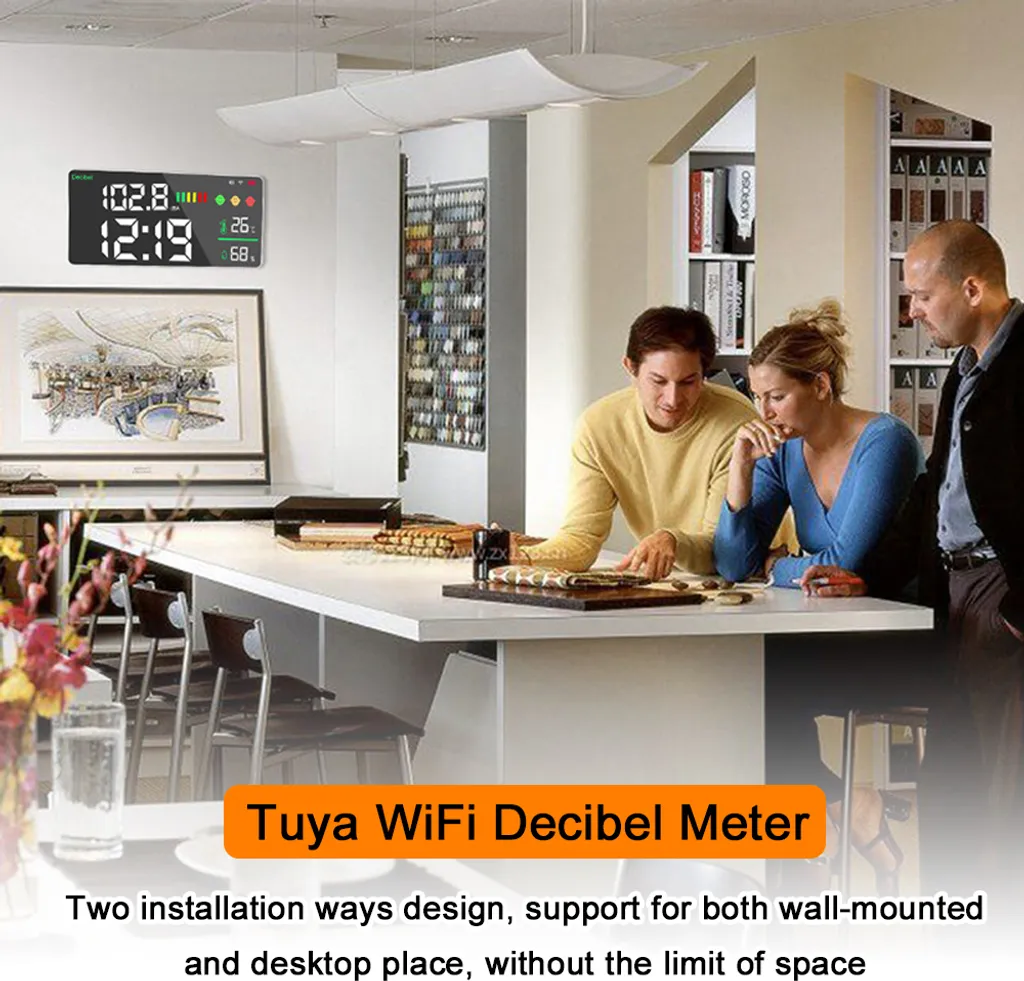 Décibelmètre WiFi Tuya 4 en 1 avec Écran LED 11" - Température et Humidité