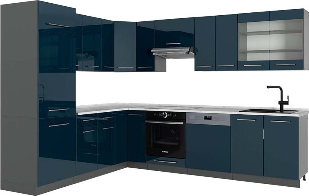 Eckküche Vicco Fame-Line Dunkelblau Hochglanz/Anthrazit 287 x 60 cm , AP Marmor, Model 49721