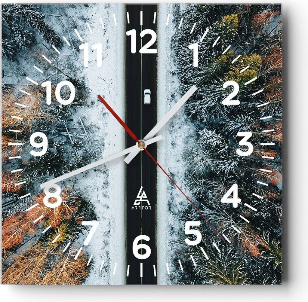 Wanduhr - Quadrat - Glasuhr - Wald Weg Schnee - 40x40cm - Schleichendes Uhrwerk - Lautlos - zum Aufhängen bereit - Dekoration Modern - Wanddekorat...
