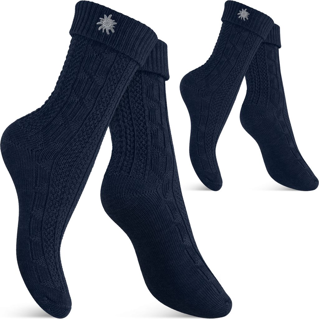 Celodoro Damen und Herren Trachten Socken (2 Paar) mit Edelweiß-Pin Strümpfe Marine-35-38