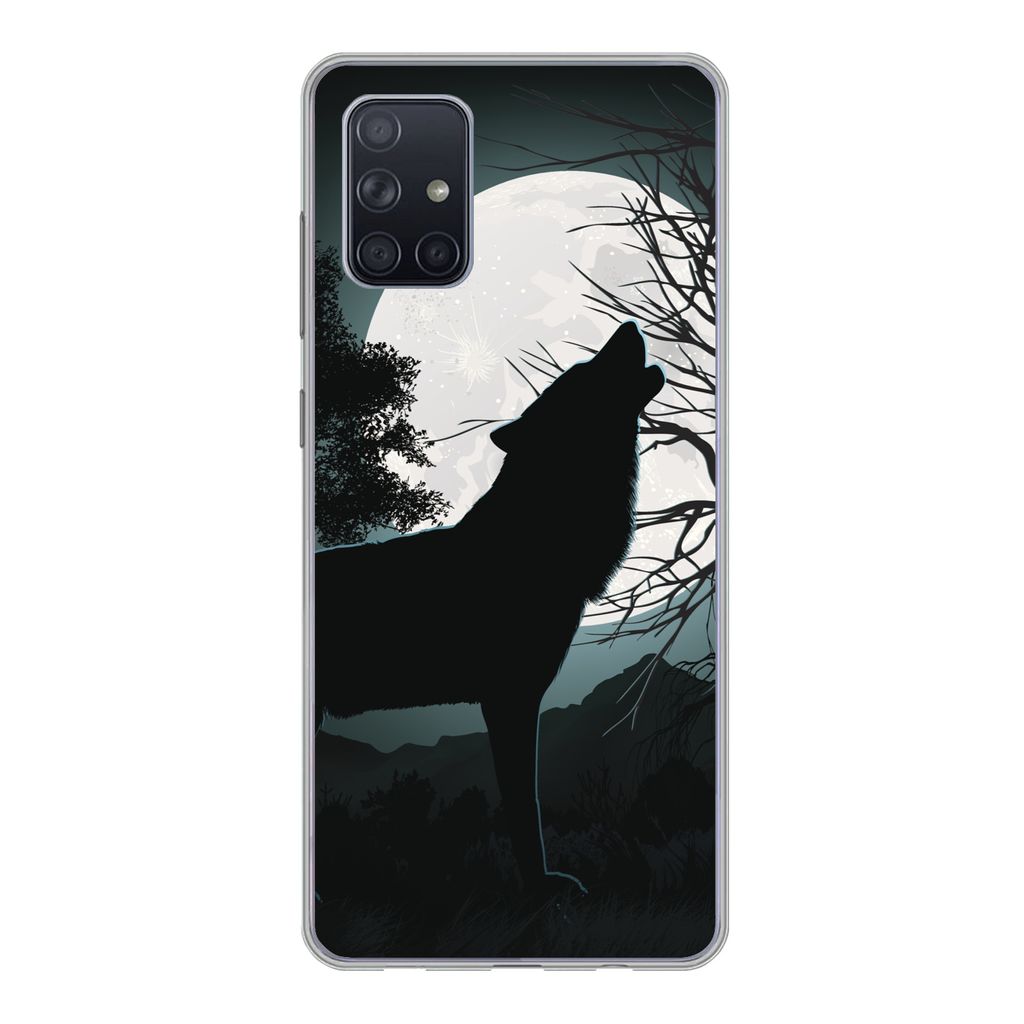 MuchoWow Handyhülle Schutzhülle Hülle für Samsung Galaxy A51 5G Wolf - Scherenschnitt - Mond Silikon Softcase Handy Hülle - Abbildung