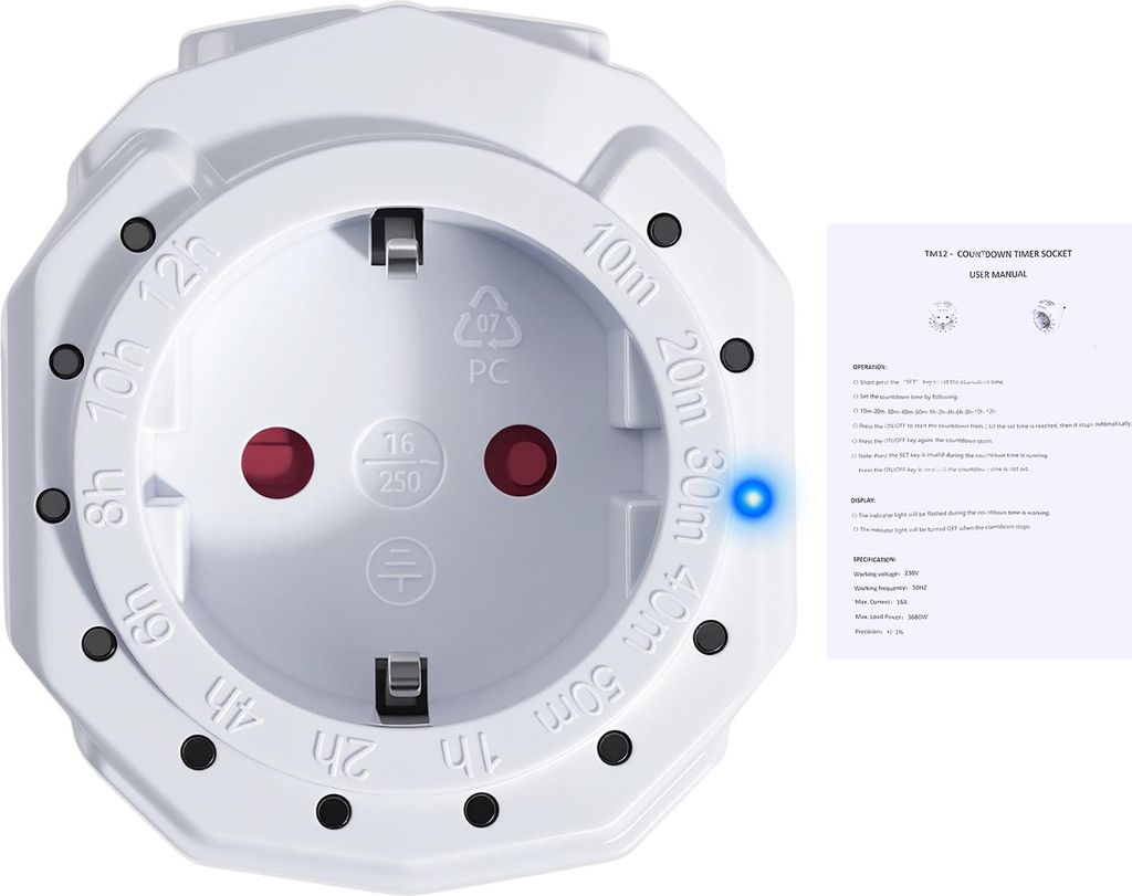 Countdown Steckdose mit 12 Stunden Timer, 12 voreingestellte Zeiten, EU-Stecker, LED Anzeige, 3680W Max.