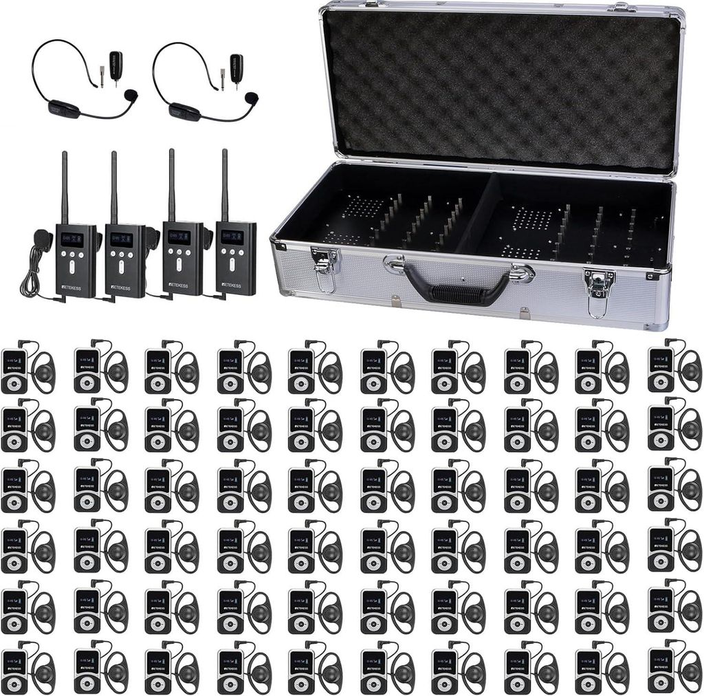 A collection of Retekess T130S tour guide system components, including transmitters, receivers, and a charging case, laid out on a white background.