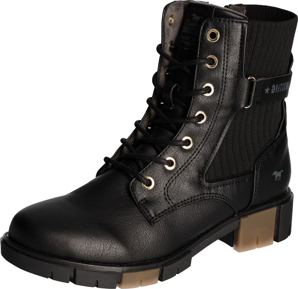 Mustang Damen Stiefelette gerippter Strickschaft Stretch Zierlasche 1443-502, Größe:37 EU, Farbe:Schwarz
