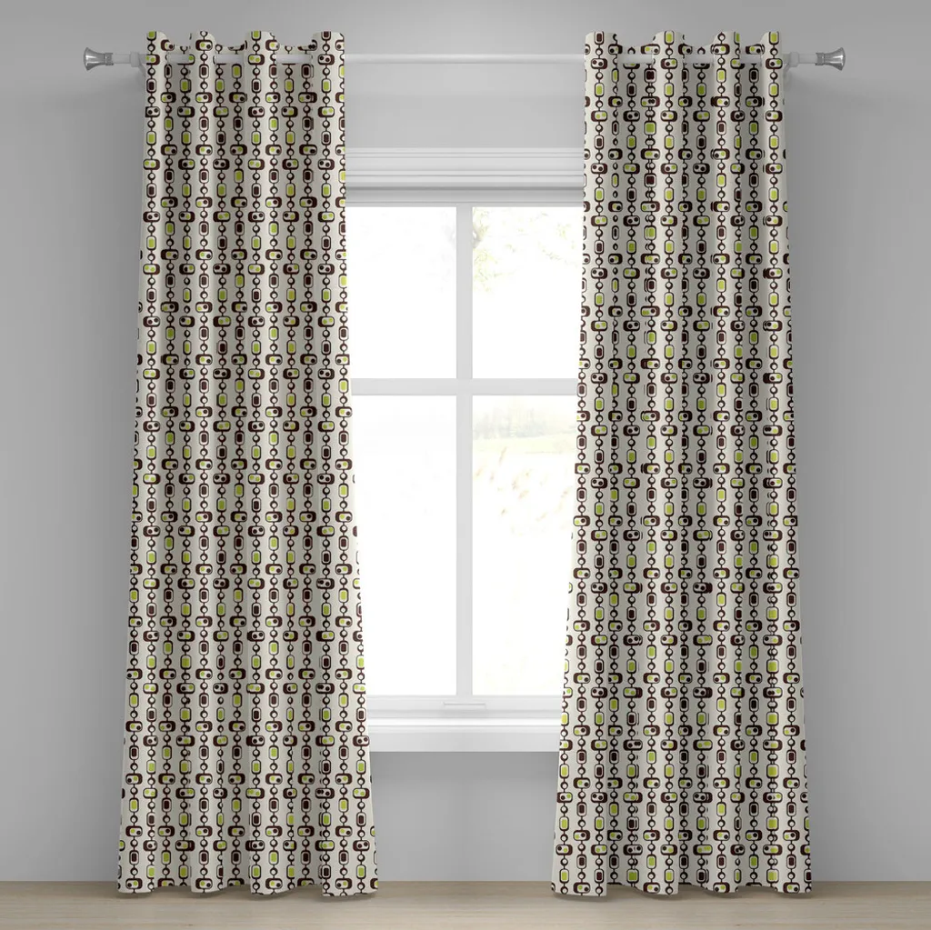 ABAKUHAUS Tenda con occhielli geometrica, design retrò con cerchi e rettangoli, tende decorative a 2 pannelli, 280 cm x 225 cm, marrone verde mela