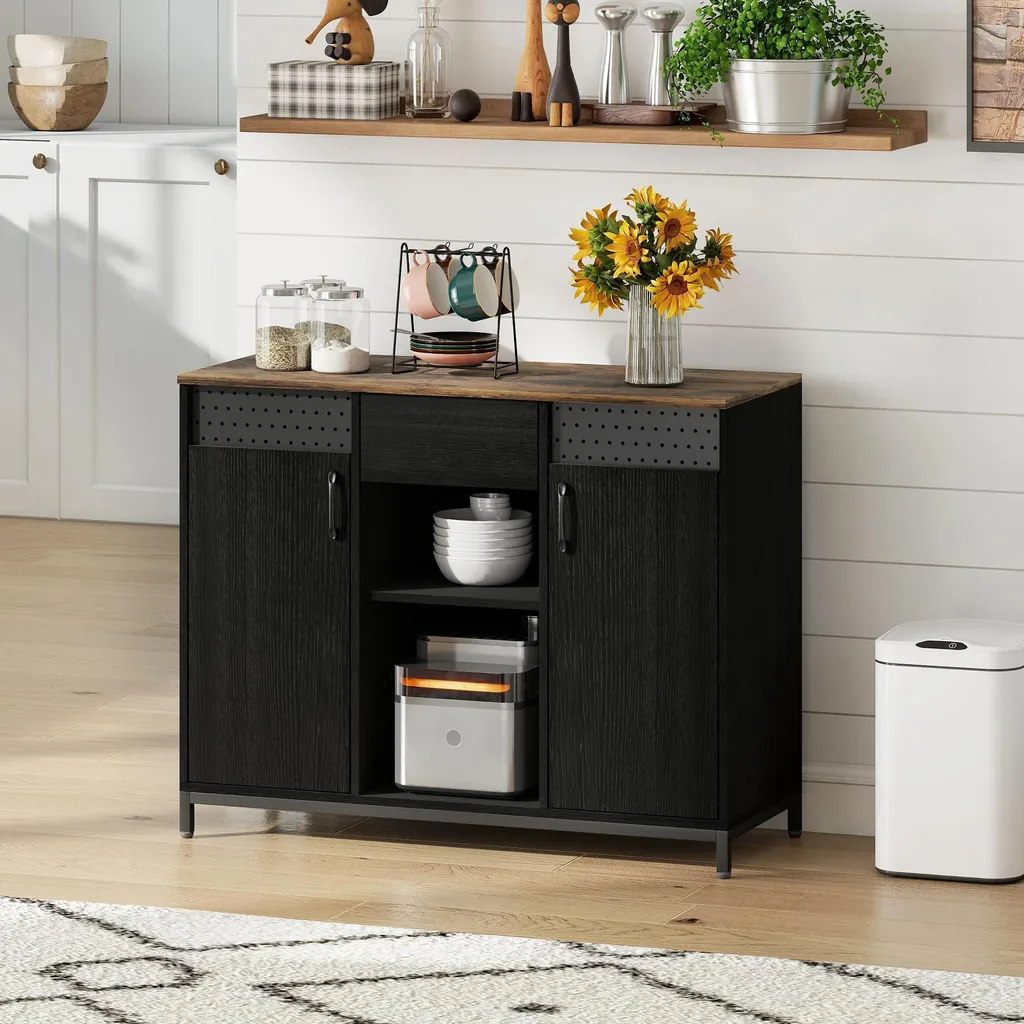 Buffet de Salon Noir pour Vaisselle et Dossiers avec Rangement Modulable