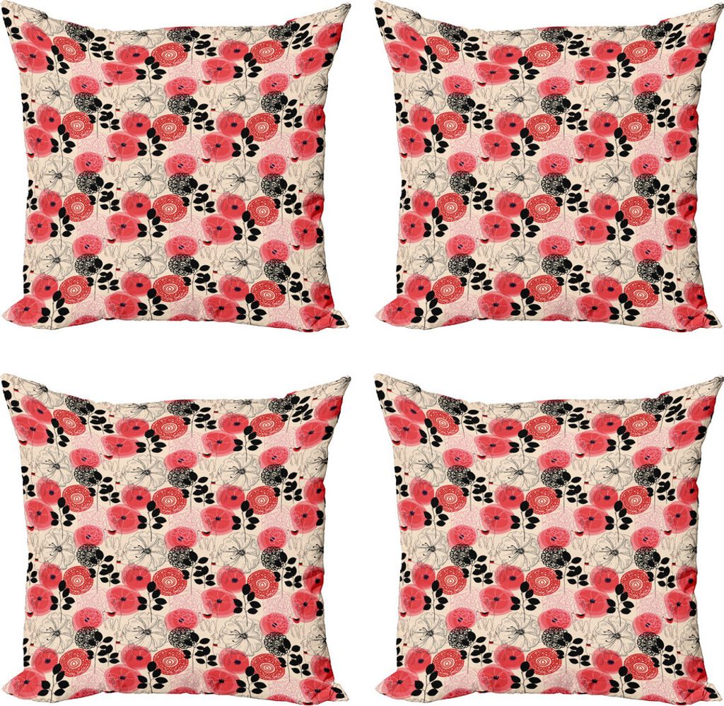 ABAKUHAUS Blumen Kissenbezug Set (4 Stück), eingekreisten Zusammenfassung, Moderner Doppelseitiger Digitaldruck, 60 cm x 60 cm, Rosa und Schwarz