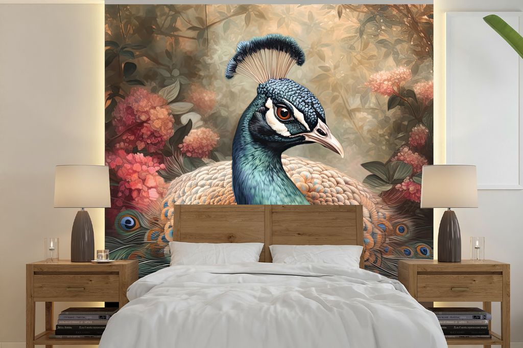 MuchoWow Fototapete für Wohnzimmer oder Schlafzimmer Wandtapete Vinyl Motivtapete Pfau - Vogel - Pflanzen - Pfauenfedern - 300x300 cm - Wanddeko...