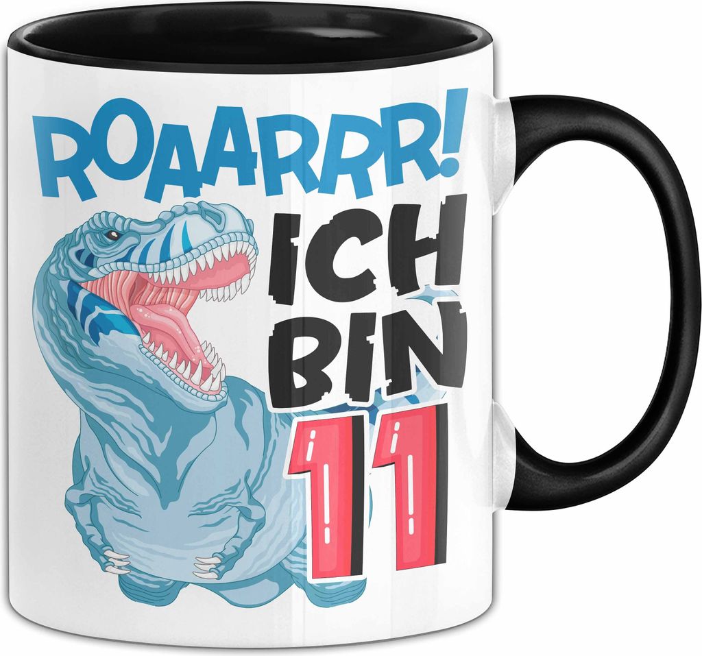 11. Geburtstag Geschenk Tasse Becher Jungs Dino T-Rex Roaarrr Ich Bin 11 (Schwarz)