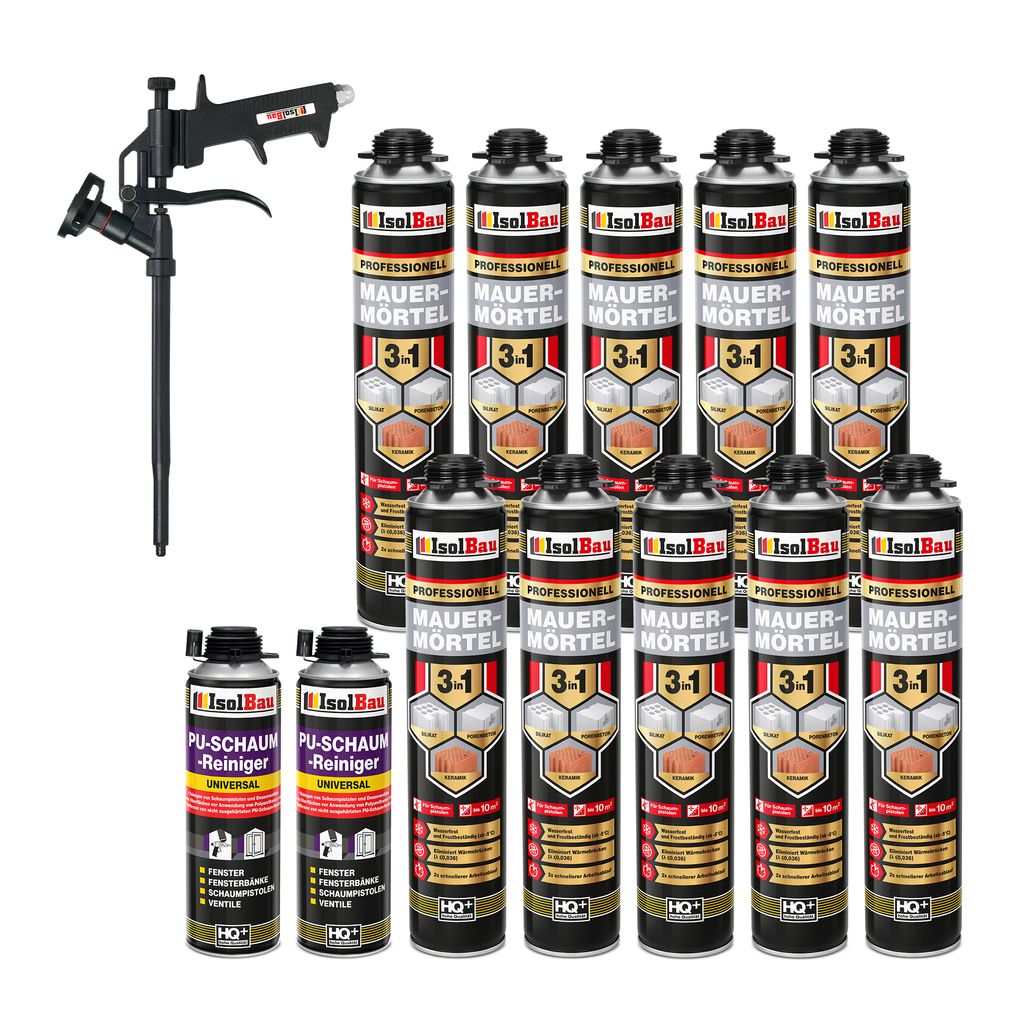 Isolbau Mauermörtel Pistolenschaum SET - Teflon Schaumpistole, 2 x PolyurethanReiniger Montageschaum Klebeschaum PolyurethanMörtel 10 x 750ml