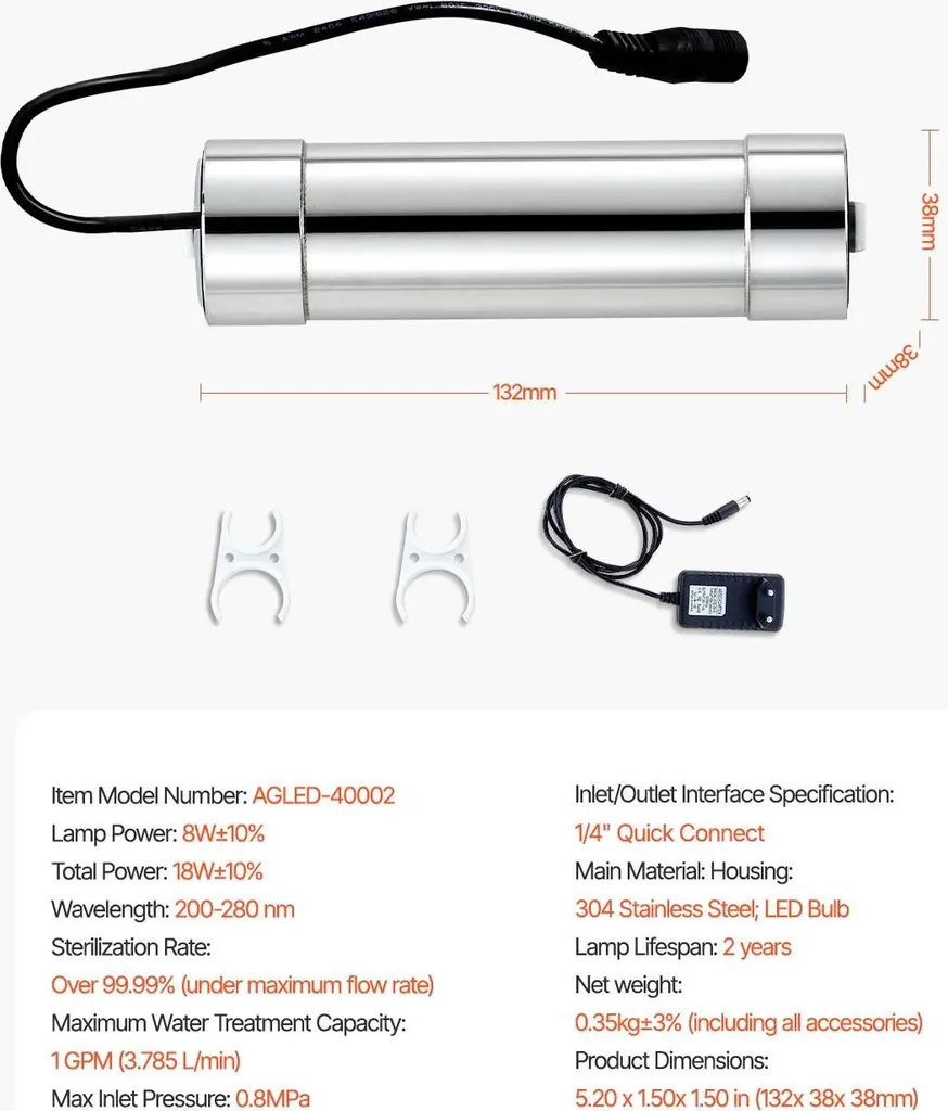 Éliminez bactéries et virus : Purificateur UV 8W 1GPM Inox eau potable
