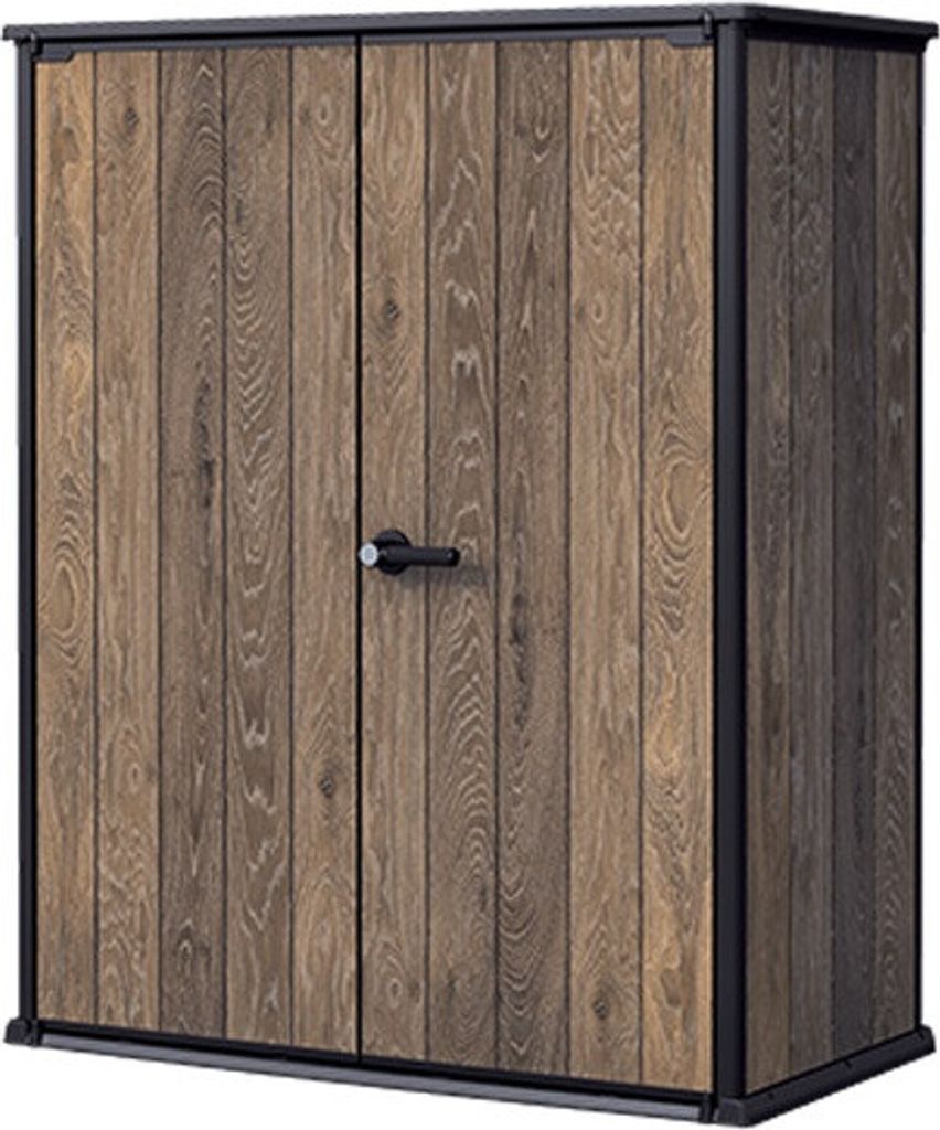 A closed outdoor storage cabinet with a wood-grain finish.