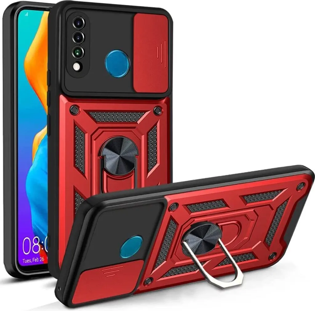 Huawei P30 Lite Custodia con anello magnetico girevole a 360° Titolare Slide Camera Protection TPU Bumper Silicone Protective Case per Huawei P30 Lite Red