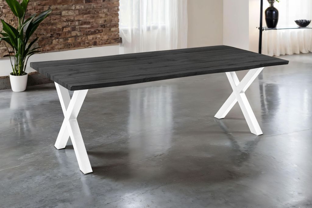 Esstisch 240x100 cm Baumkante Holz Grau-Optik X-Gestell Metall weiß JOSY