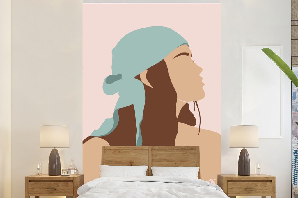 MuchoWow Fototapete für Wohnzimmer oder Schlafzimmer Wandtapete Vinyl Motivtapete Sommer - Frau - Kopftuch - 180x280 cm - Wallpaper