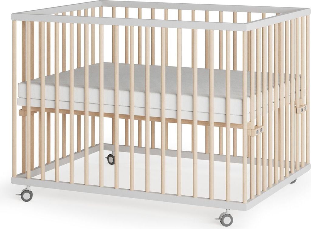 Laufgitter 75x100 cm mit Matratze, Schlupfsprossen & Lattenrost - weiß/natur