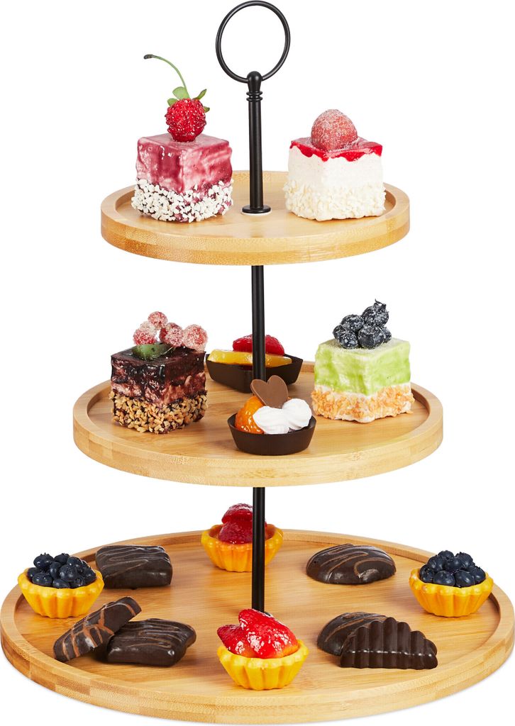 Relaxdays Etagere, 3 Etagen, Bambus, Kuchen, Snacks, Obst, Produktbild 