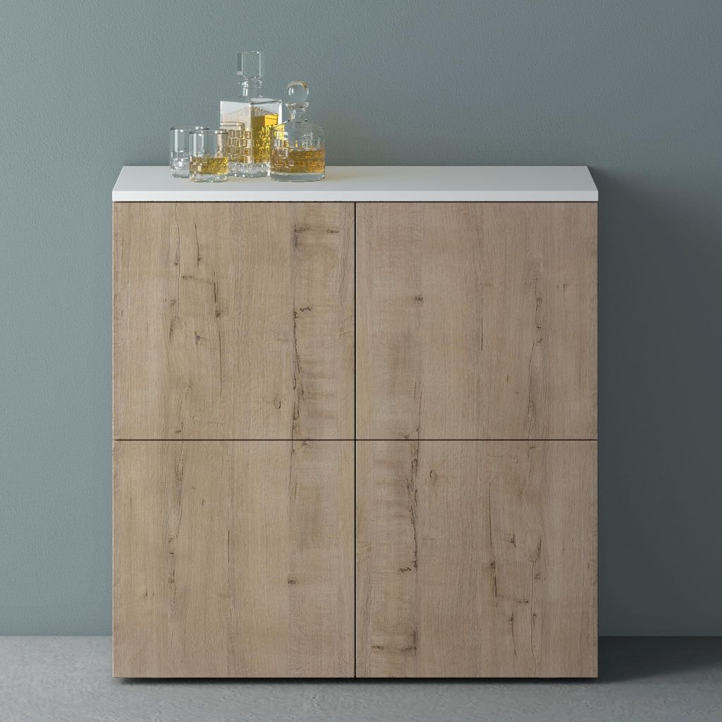 Mai & Mai Möbel Kommode Aufbewahrungsschrank mit 4 Türen in Weiß matt + Eiche Greige Sideboard Schrank Mehrzweckschrank BTH: 76x36,4x74cm Schrank04